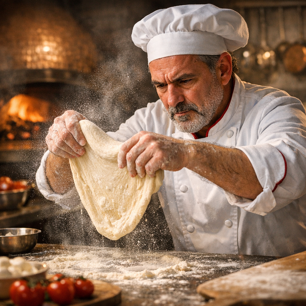 Chef hand-stretching pizza dough